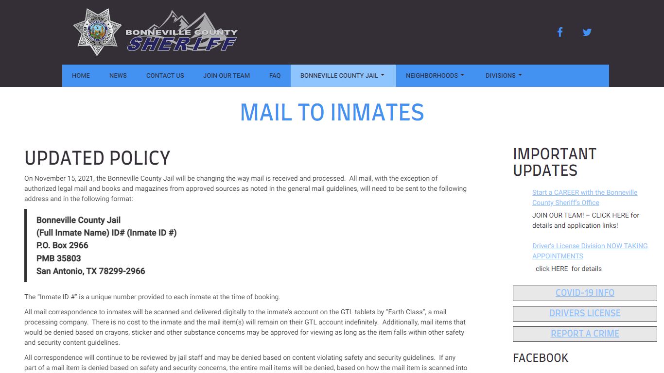 Mail To Inmates | Bonneville County Sheriff's Office